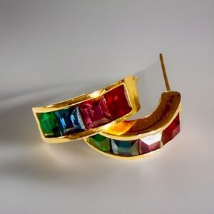 Roman Channel Set Earrings Vintage Mixed Gem Gold Tone Jewelry